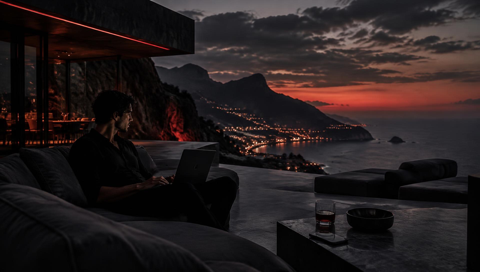 Trader mit Laptop auf einer Terrasse über der Küste in der Abenddämmerung