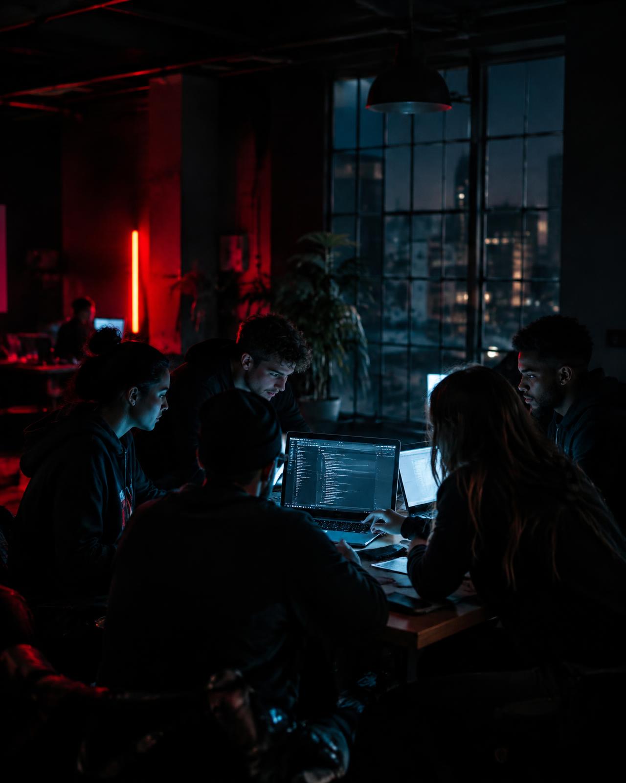 Gruppe von Tradern an Laptops in einem dunklen Loft