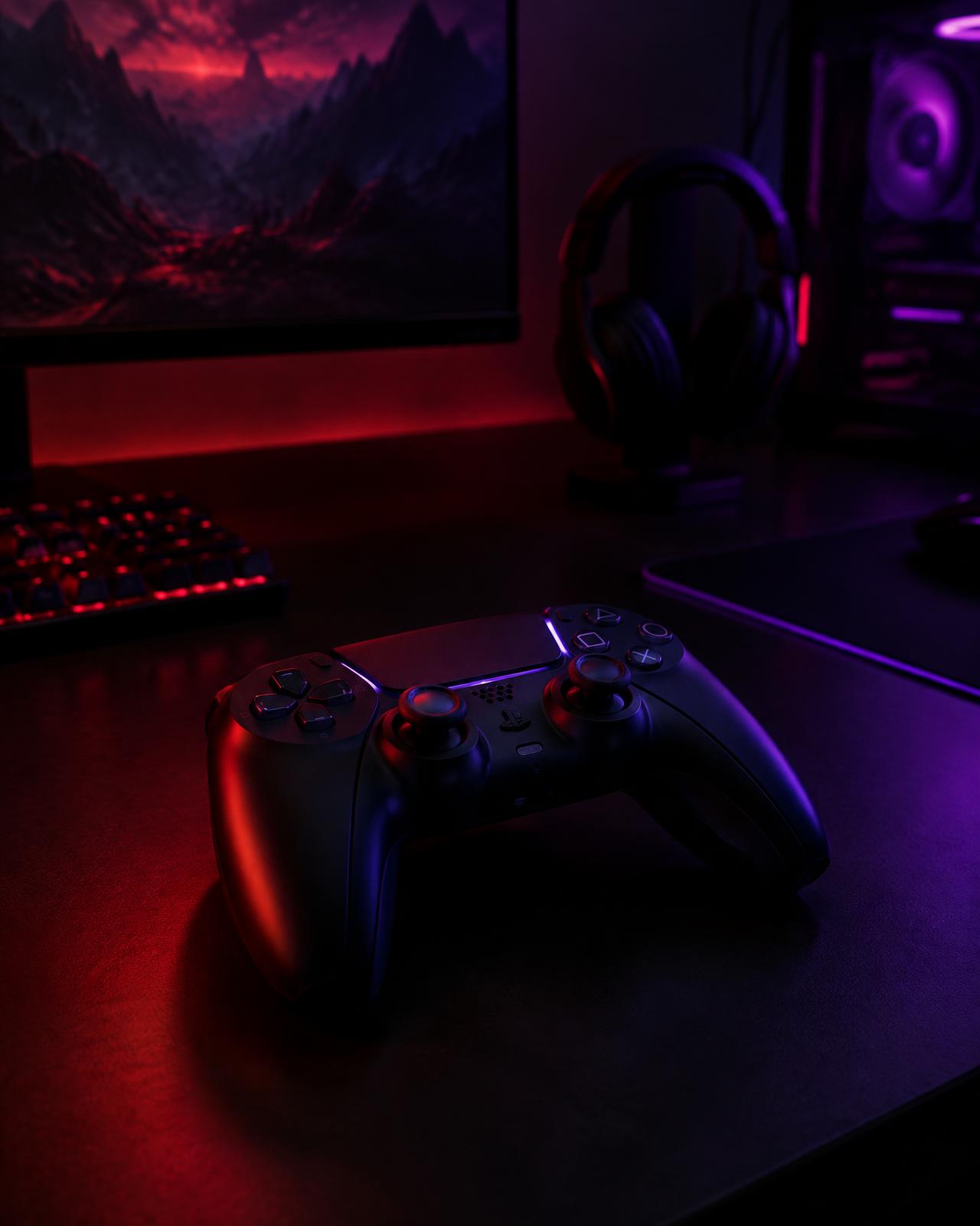 Dunkles Gaming-Setup mit Controller
