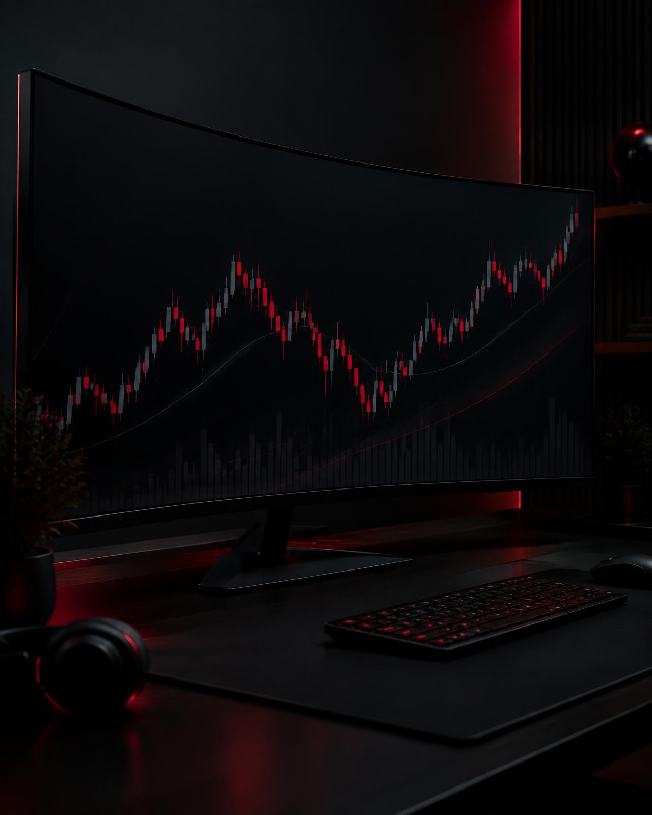 Dunkler Trading-Arbeitsplatz mit Chart auf einem gebogenen Monitor