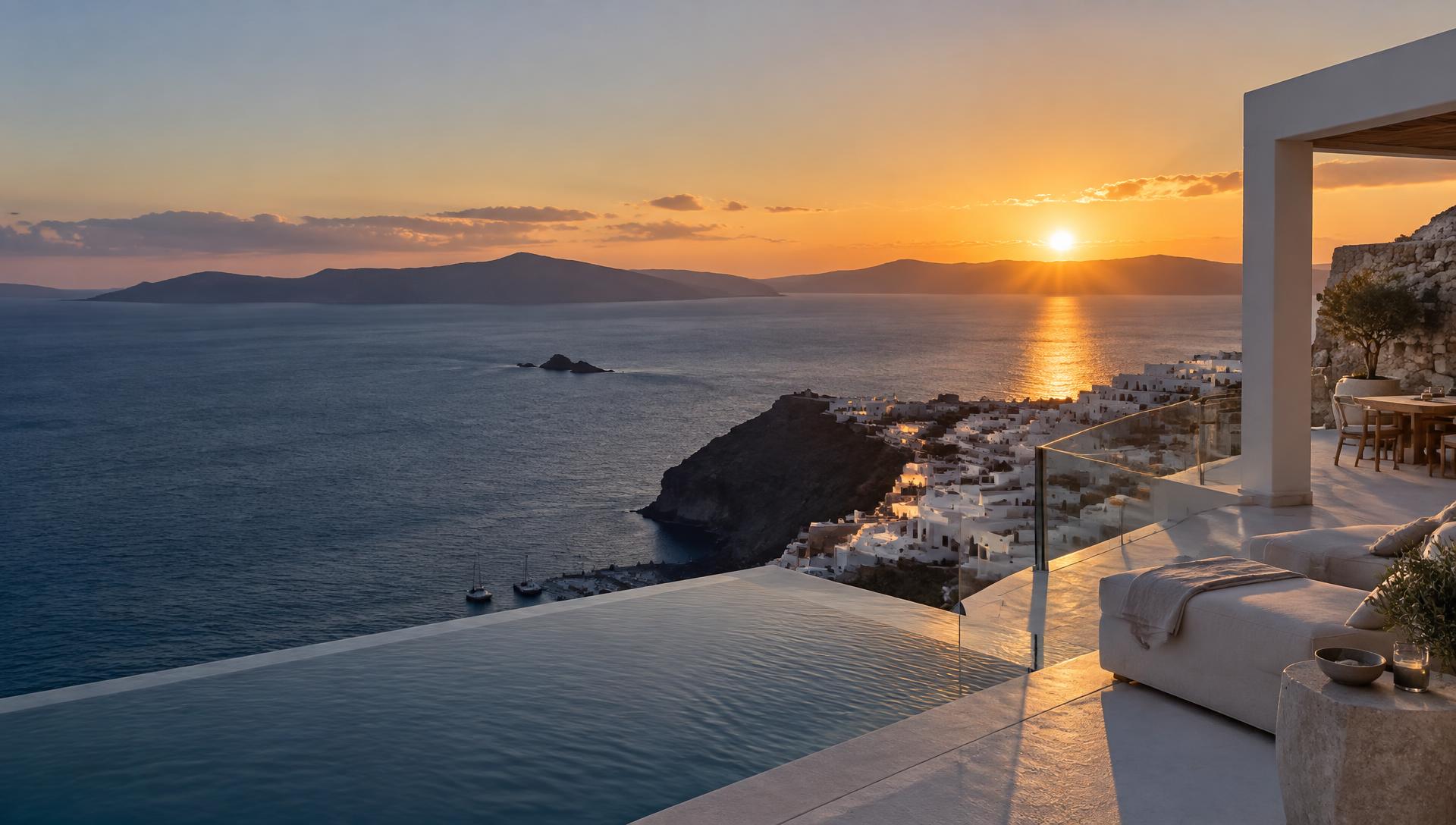 Luxuriöse Küstenterrasse mit Blick auf das Meer bei Sonnenuntergang